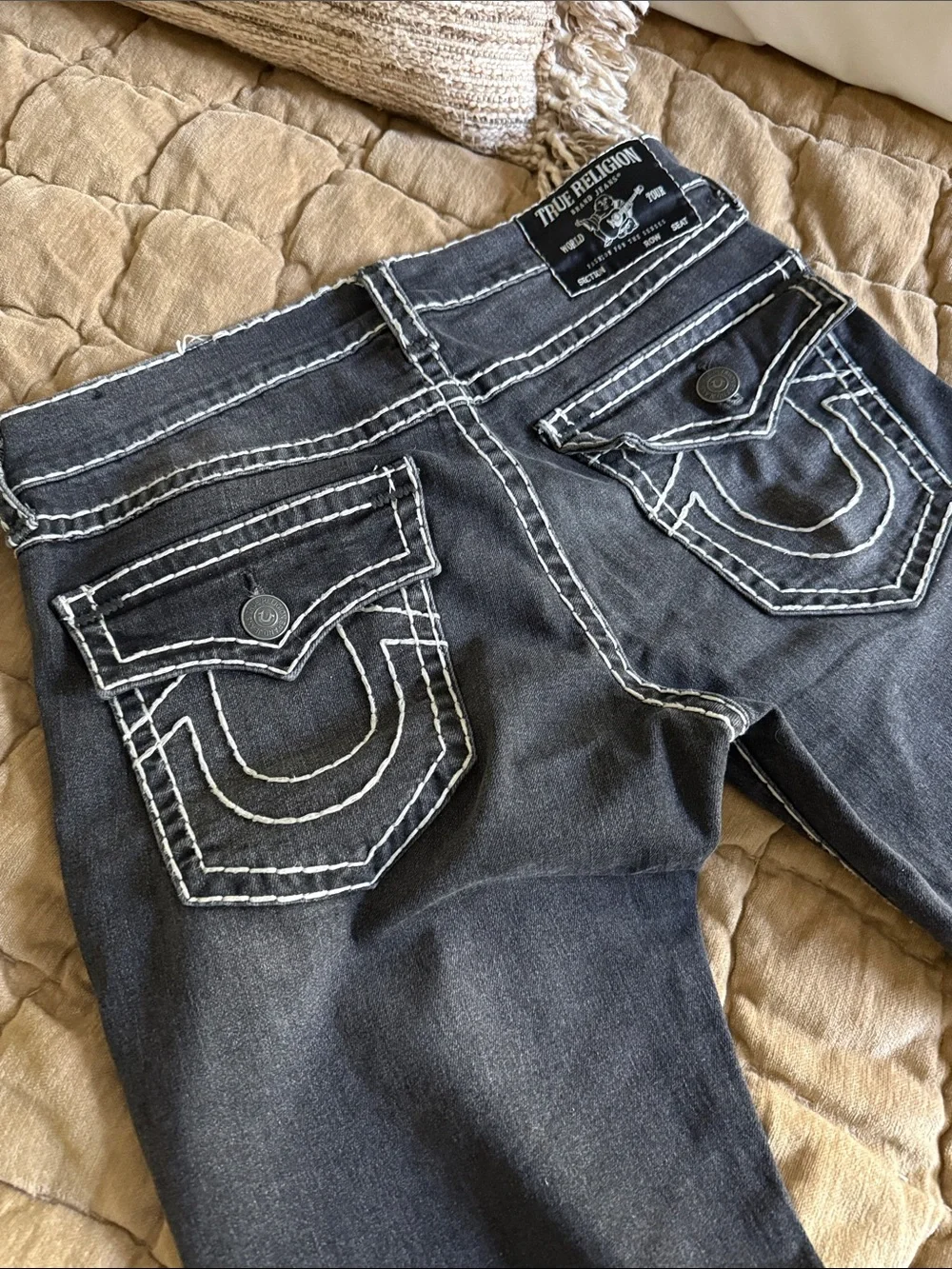 True Religion men’s  Charcoal  Jeans with White Contrast Stitching